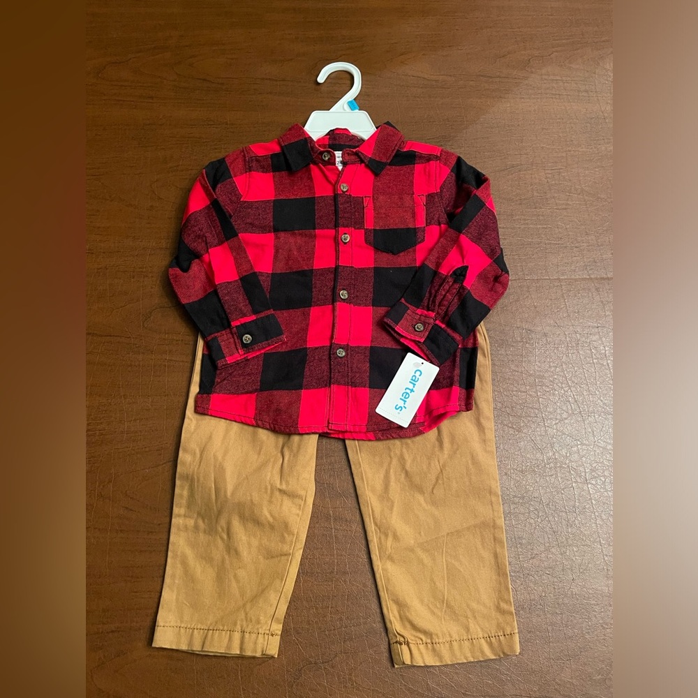 Carter’s Boys Red/Black Shirt and Tan Pants - NEW